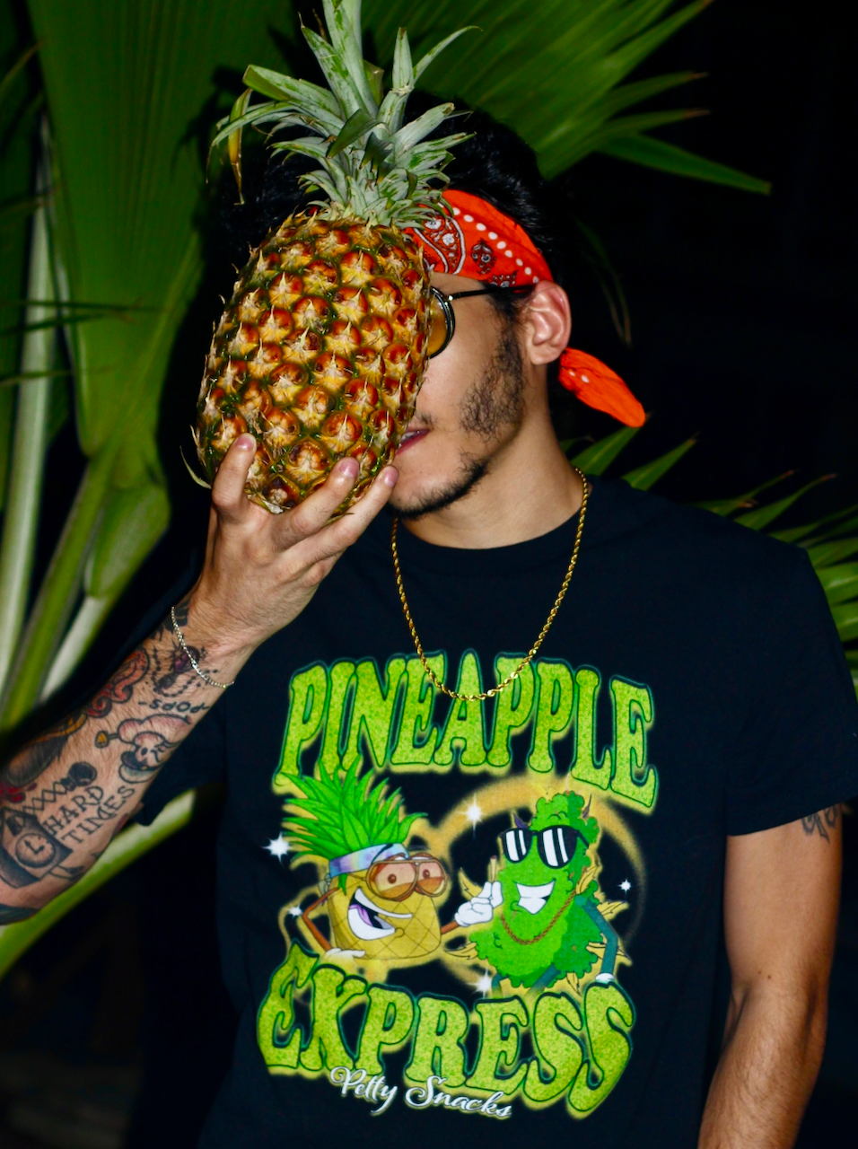 Model pictured wearing Pineapple Express t-shirt. Model is wearing orange bandana and pineapple express t-shirt, while holding a pineapple fruit in front of their face.