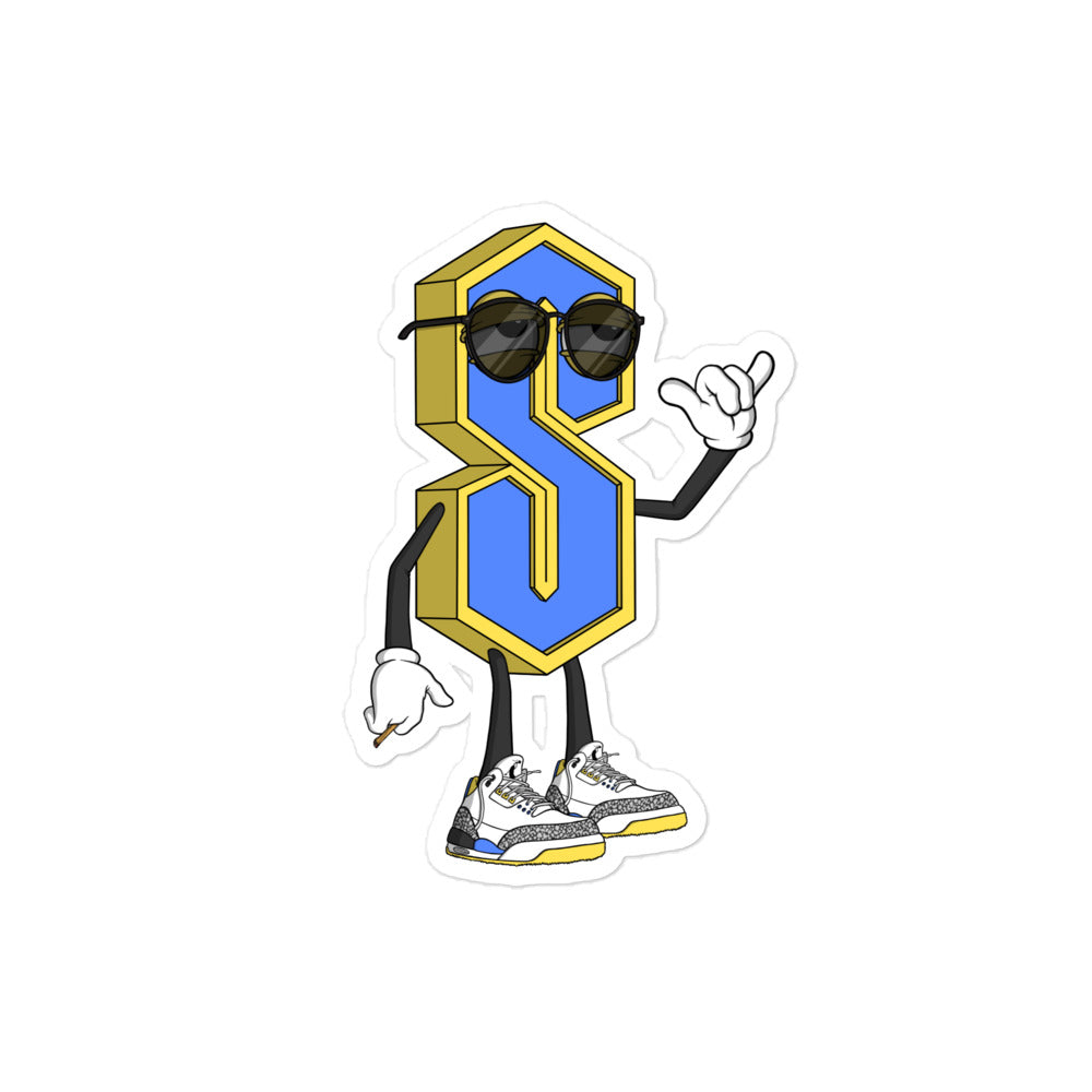 A sticker of a blue and yellow "S" shaped character with eyes and sunglasses, white cartoon gloves, holding up a shaka gesture and a joint in the other hand. The character is wearing blue, yellow, and white sneakers.