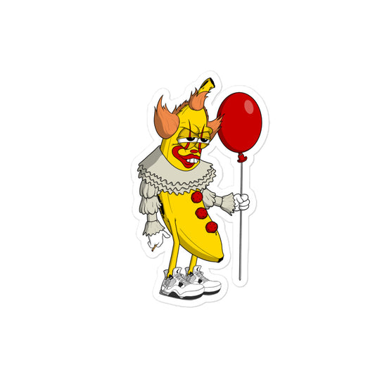 A sticker of our Banana character dressed as Pennywise the clown. A banana with orange hair, clown face paint, buck teeth, holding a balloon, wearing sneakers, holding a joint in other hand. 
