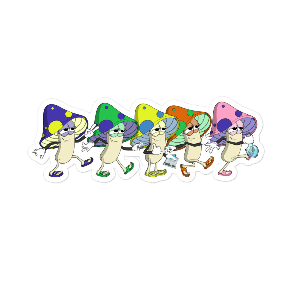 A sticker of five mushroom characters walking in a line, they are blue, green, yellow, orange, and pink. They're holding bags of shrooms, joints, and bongs.