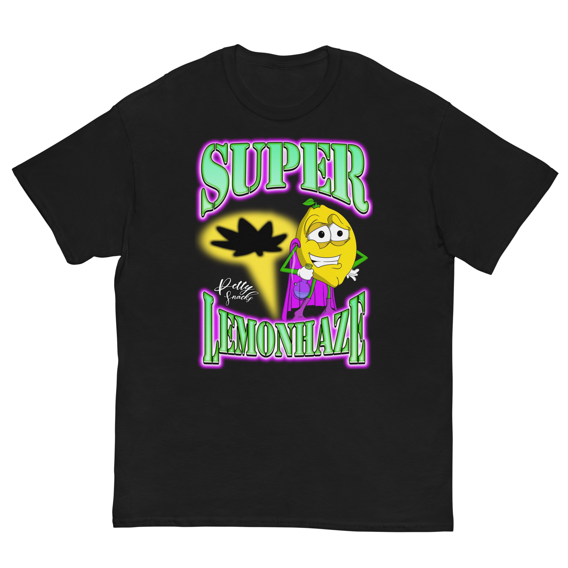Black T-Shirt. Front center graphic. Top and Bottom lettering that reads "Super Lemon Haze" in green lettering with pink outer glow. A cartoon superhero Lemon Character is standing in a heroic pose with purple boots, a purple cape, and holding a bong. There is a yellow superhero spotlight shining behind the lemon with a weed leaf silhouette. Petty Snacks is written in small white cursive in center left area. 