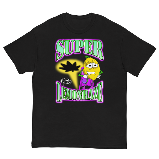 Black T-Shirt. Front center graphic. Top and Bottom lettering that reads "Super Lemon Haze" in green lettering with pink outer glow. A cartoon superhero Lemon Character is standing in a heroic pose with purple boots, a purple cape, and holding a bong. There is a yellow superhero spotlight shining behind the lemon with a weed leaf silhouette. Petty Snacks is written in small white cursive in center left area. 