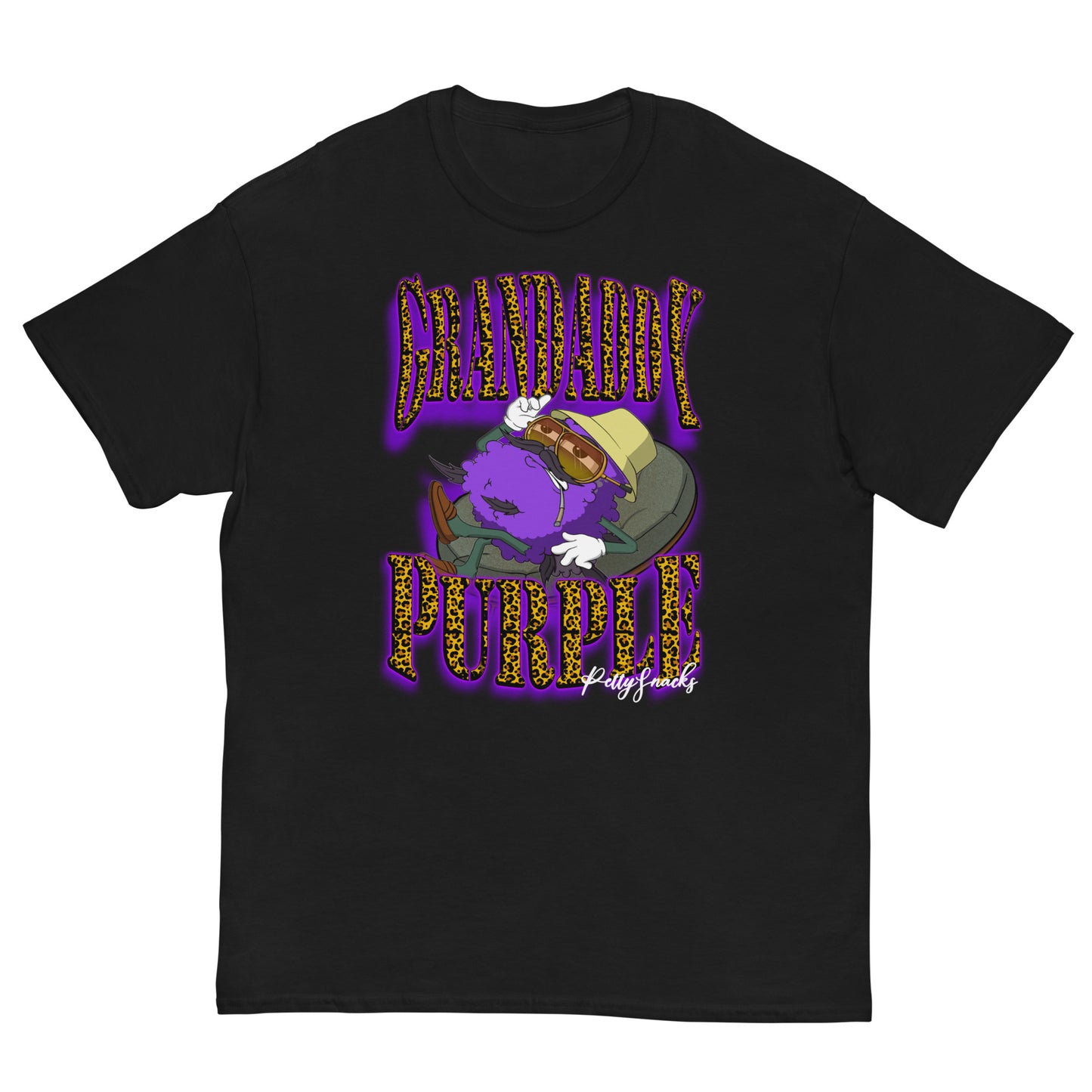 Black T-Shirt. Front Graphic: Leopard print lettering with purple outer glow on top and bottom that reads "Grandaddy Purple". In the middle of the words is a large Purple weed nugget character with a cigarette extended out of mouth, yellows shades, and a safari hat. The nug is sitting on a papasan chair. "Petty Snacks" is in small white cursive on bottom right corner of graphic. 
