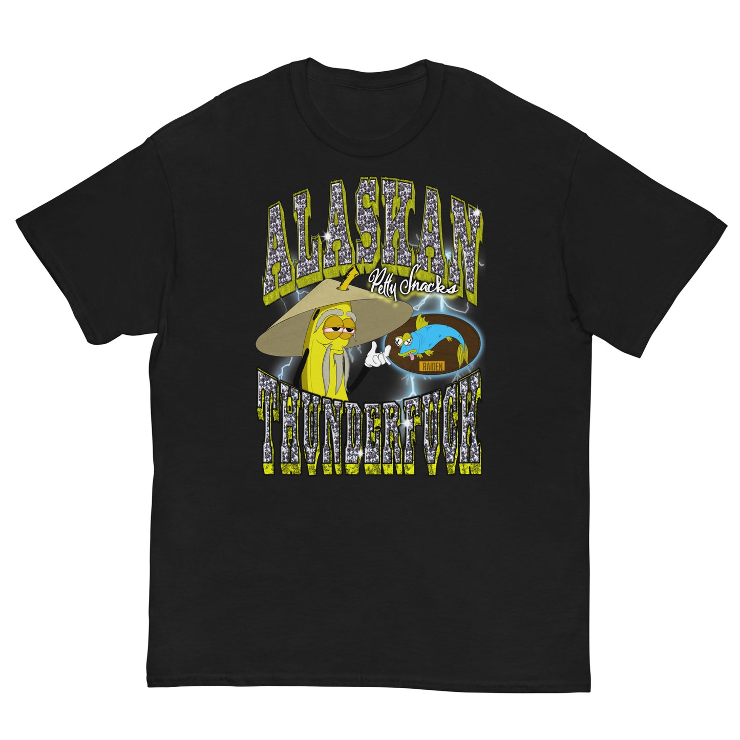 Large front graphic, black tee. Diamond style lettering with yellow accents that reads "Alaskan Thunderfuck" on top and bottom. In the middle of graphic, a wise old banana character holding a blunt wearing a bamboo hat. A wall mounted fish next to him. 