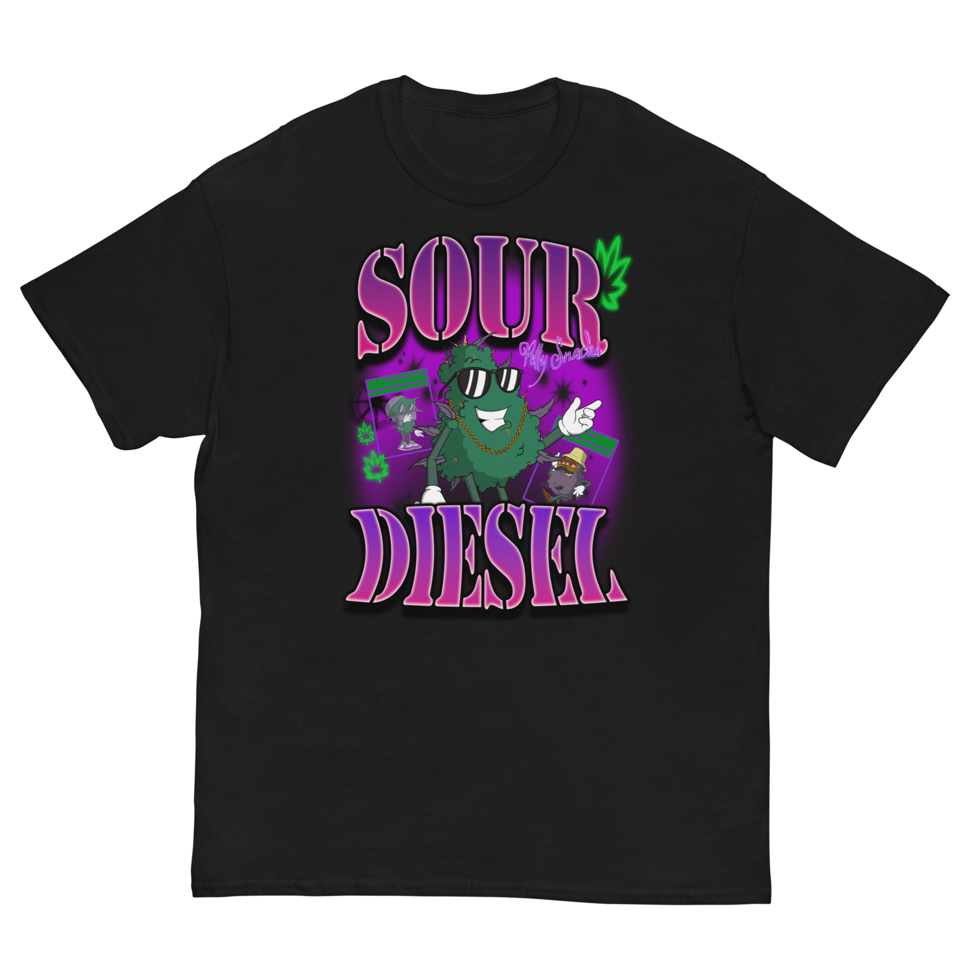 Black t-shirt. Big purple lettering on top and bottom that reads "Sour Diesel". Center of graphic has a large weed nugget character wearing shades and a gold chain with a big smile. There are two smaller nug characters in small baggies next to his right and left side. There is a purple airbrush background circle with black and green weed leaves as accents.