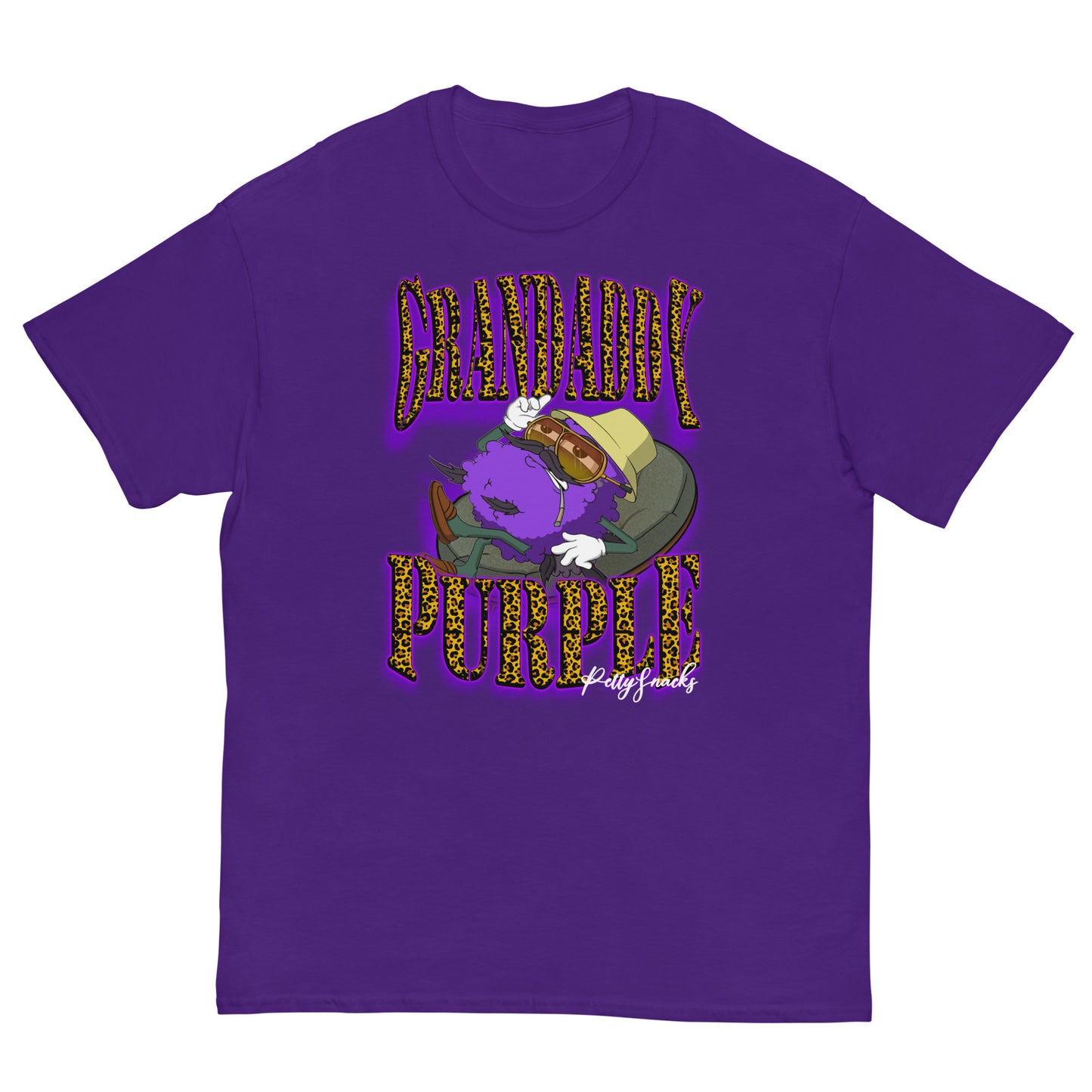 Purple T-Shirt. Front Graphic: Leopard print lettering with purple outer glow on top and bottom that reads "Grandaddy Purple". In the middle of the words is a large Purple weed nugget character with a cigarette extended out of mouth, yellows shades, and a safari hat. The nug is sitting on a papasan chair. "Petty Snacks" is in small white cursive on bottom right corner of graphic