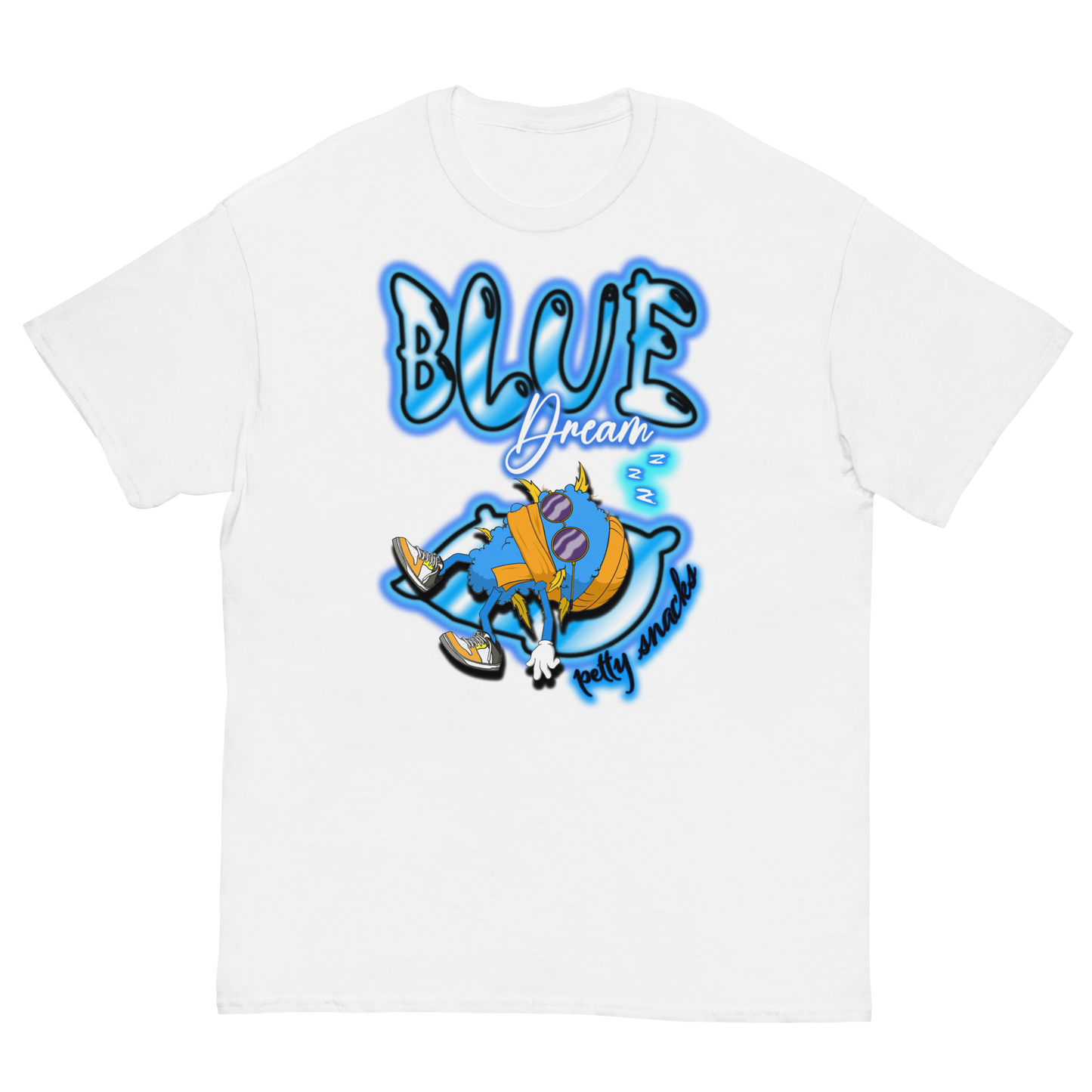 Second style. White tee. Big blue airbrush style lettering that reads "Blue Dream" on top. Below that, a blue weed nugget character wearing orange beanie sleeping on an pillow. The brand name "Petty Snacks" is under the pillow in small airbrush style